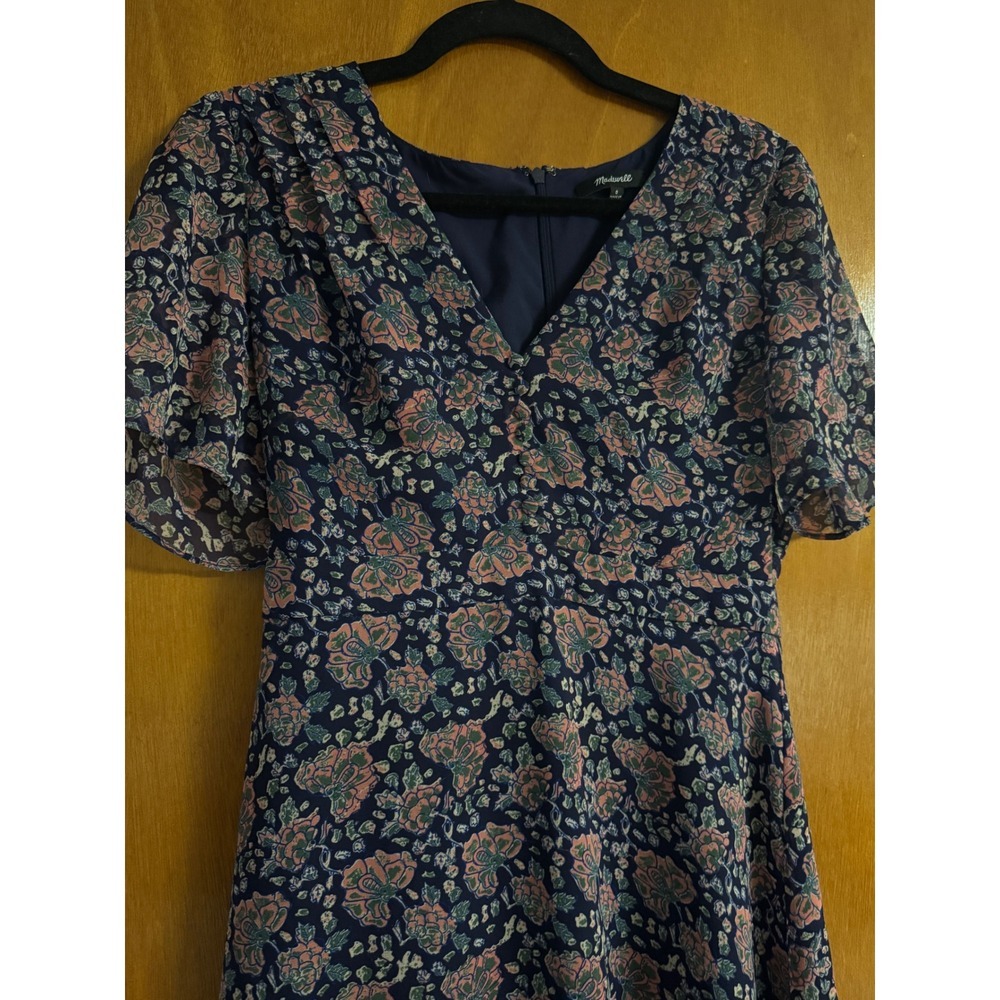 Madewell Orchard Flutter Sleeve Floral V-Neck Mini Dress Navy Blue Pink Size 0 - Picture 3 of 8